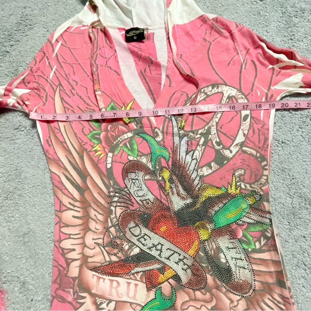 Ed Hardy Y2K Vintage All Over Print Hoodie Dress Top Shirt Skull Tattoo Skull - Picture 4 of 10